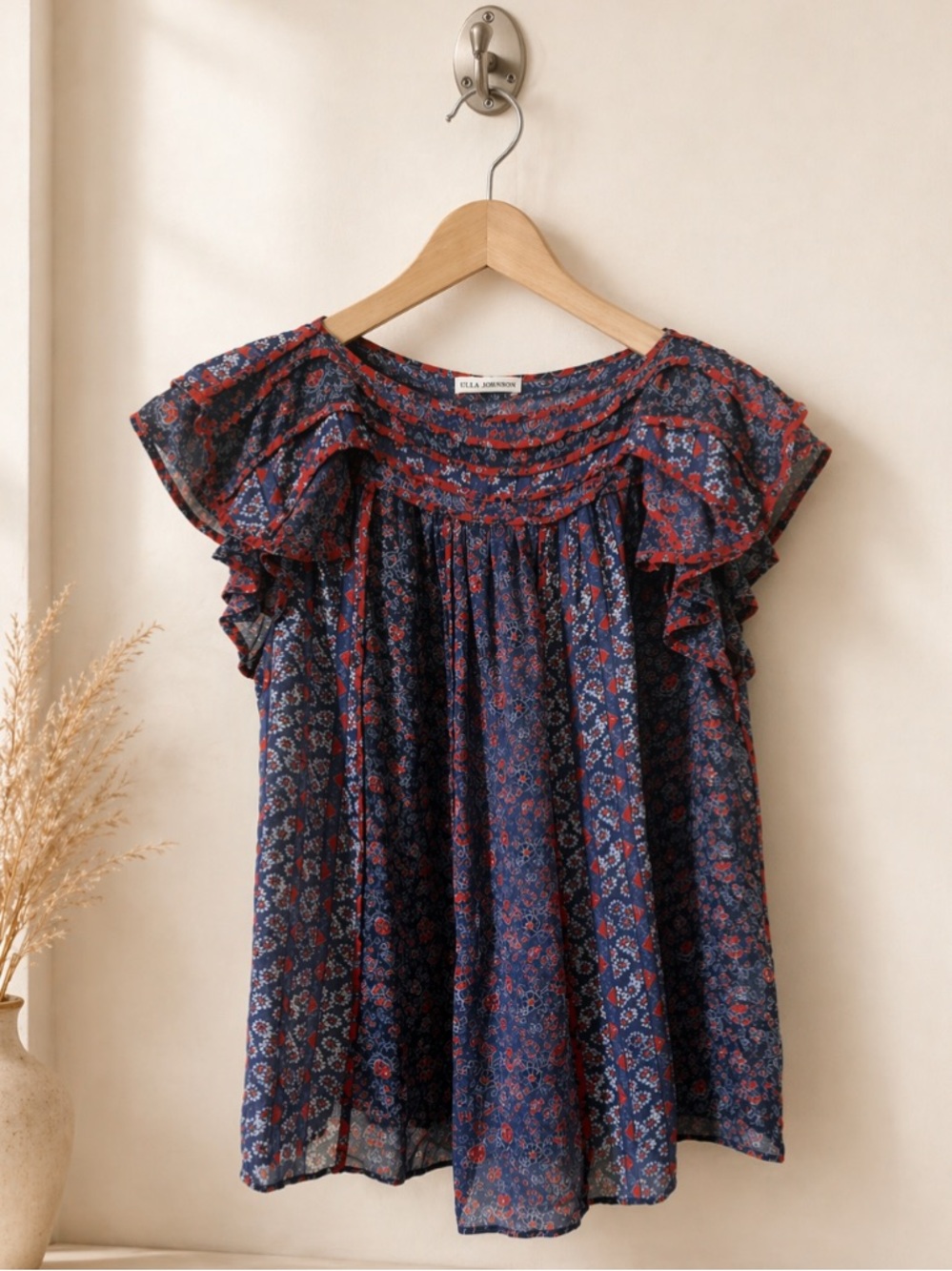 Navy & Red Floral Ruffle Sleeve Top